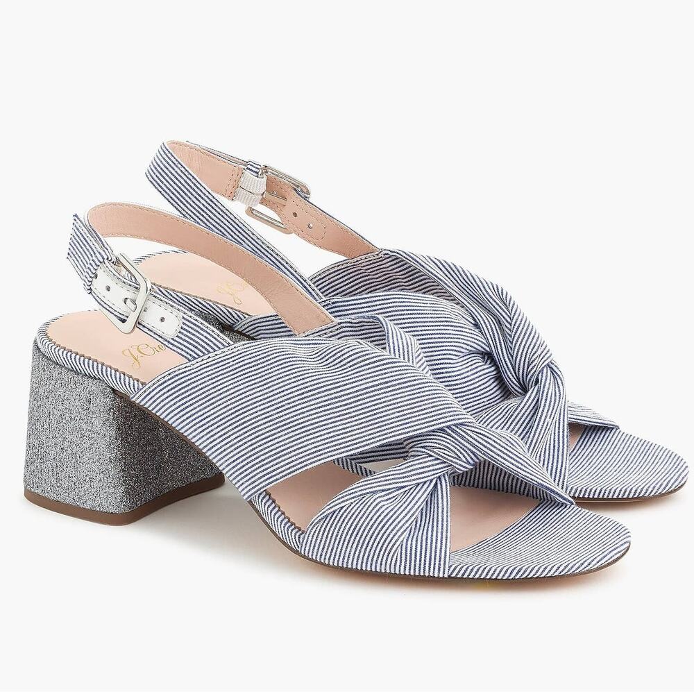 J. CREW Twisted-Knot Penny Sandals 8.5 Blue White Pinstripe Glitter Block Heel